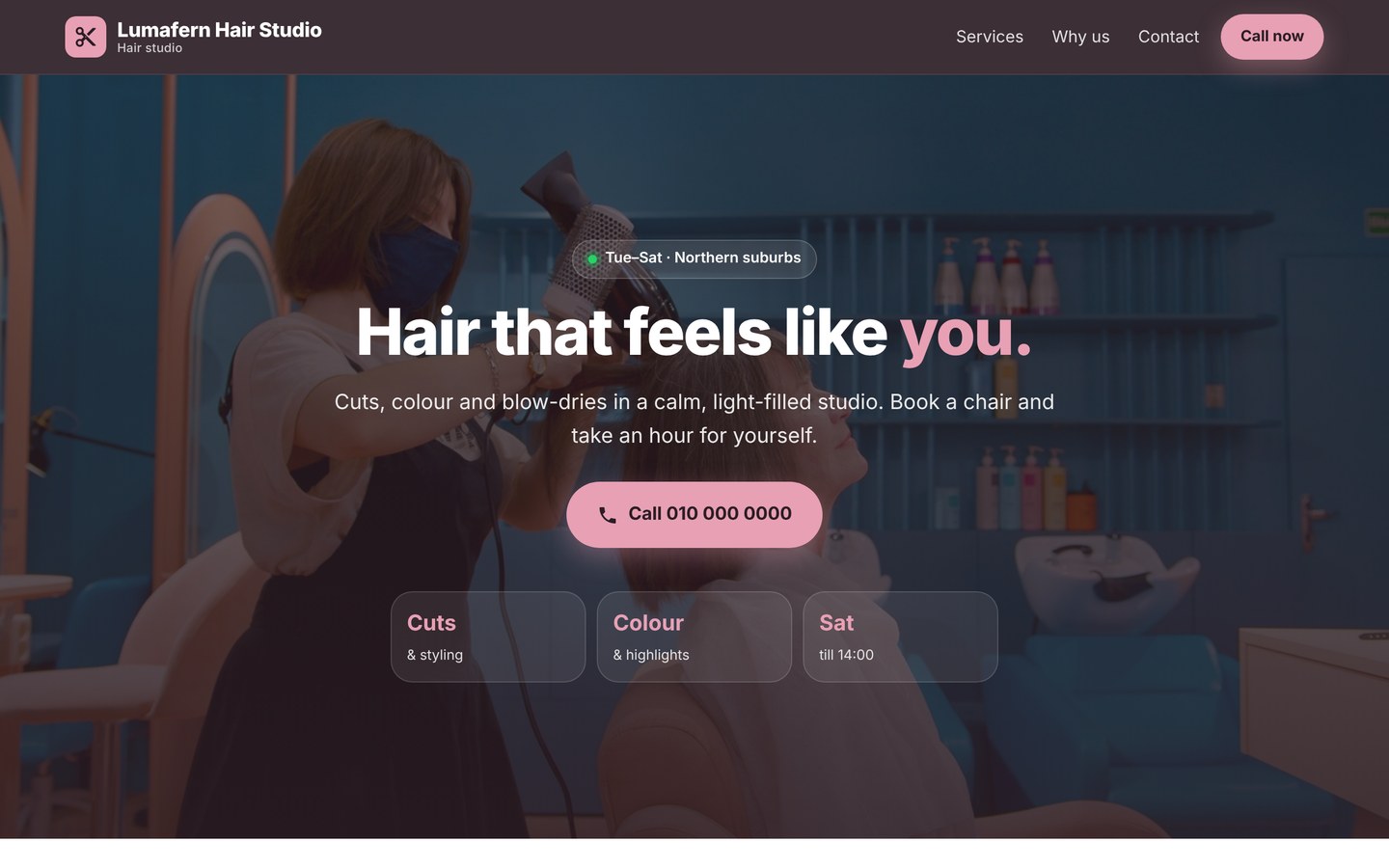 Concept website design for Lumafern Hair Studio, a fictional hair salon
