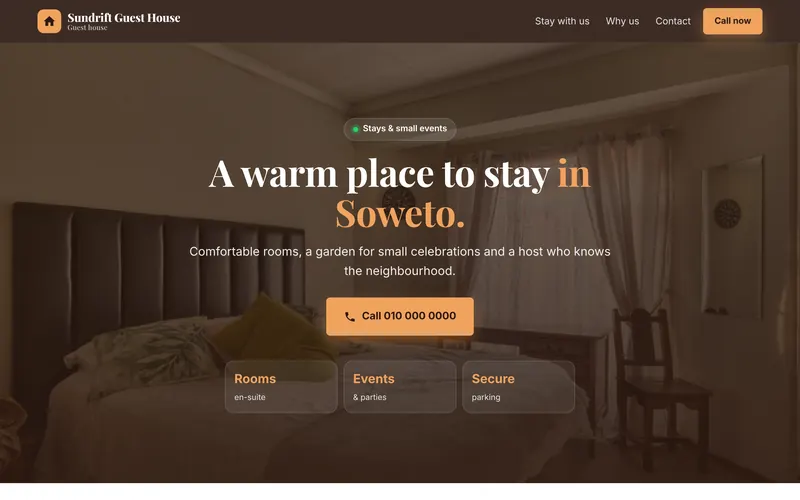 Concept website design for Sundrift Guest House, a fictional guest house